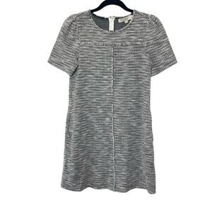 LOFT Shift Dress Knitted Blend Short Sleeve Crew Neck Pleat Line Black White S P